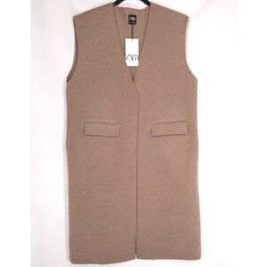ZARA New Long Vest LARGE Bouclé Sweater Jacket Taupe Mink‎ Brown Bloggers Fave